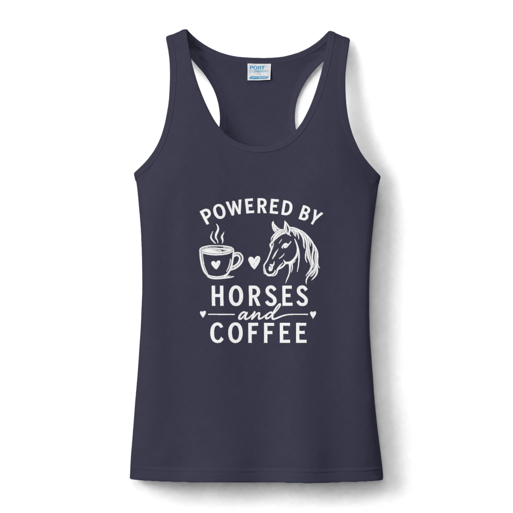 Horses & Coffee Tank Top — "Powered by Horses and Coffee" Women's Racerback