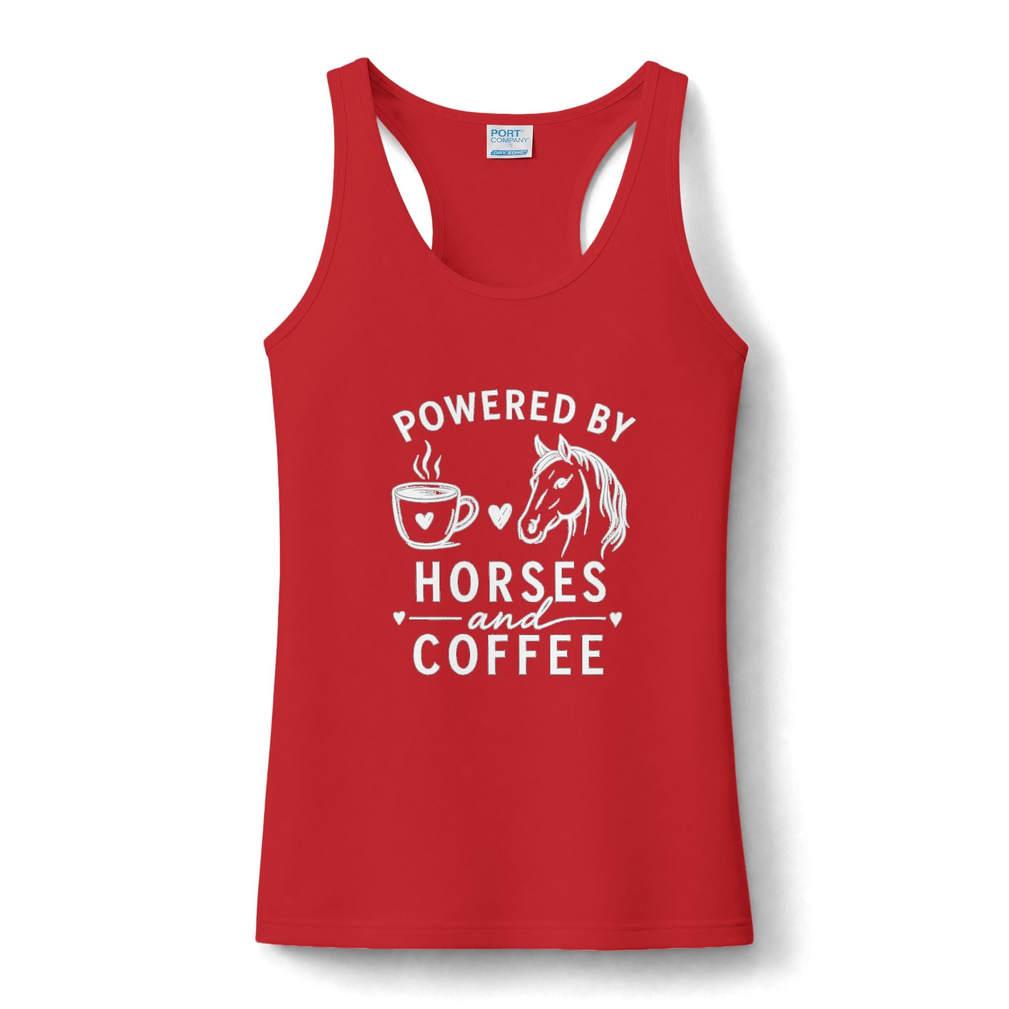 Horses & Coffee Tank Top — "Powered by Horses and Coffee" Women's Racerback