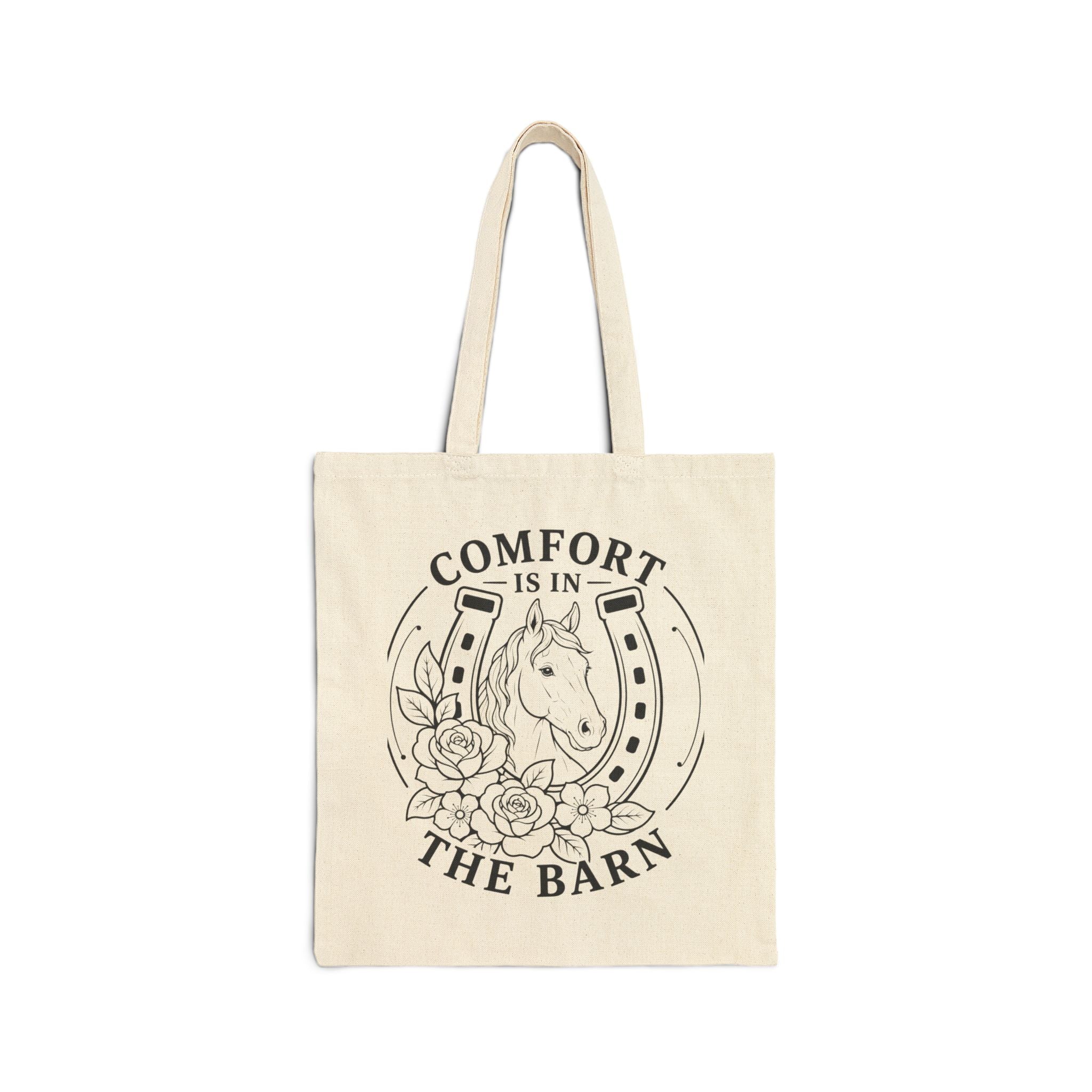 Comfort Is in the Barn tote bag | Horse horseshoe floral design
