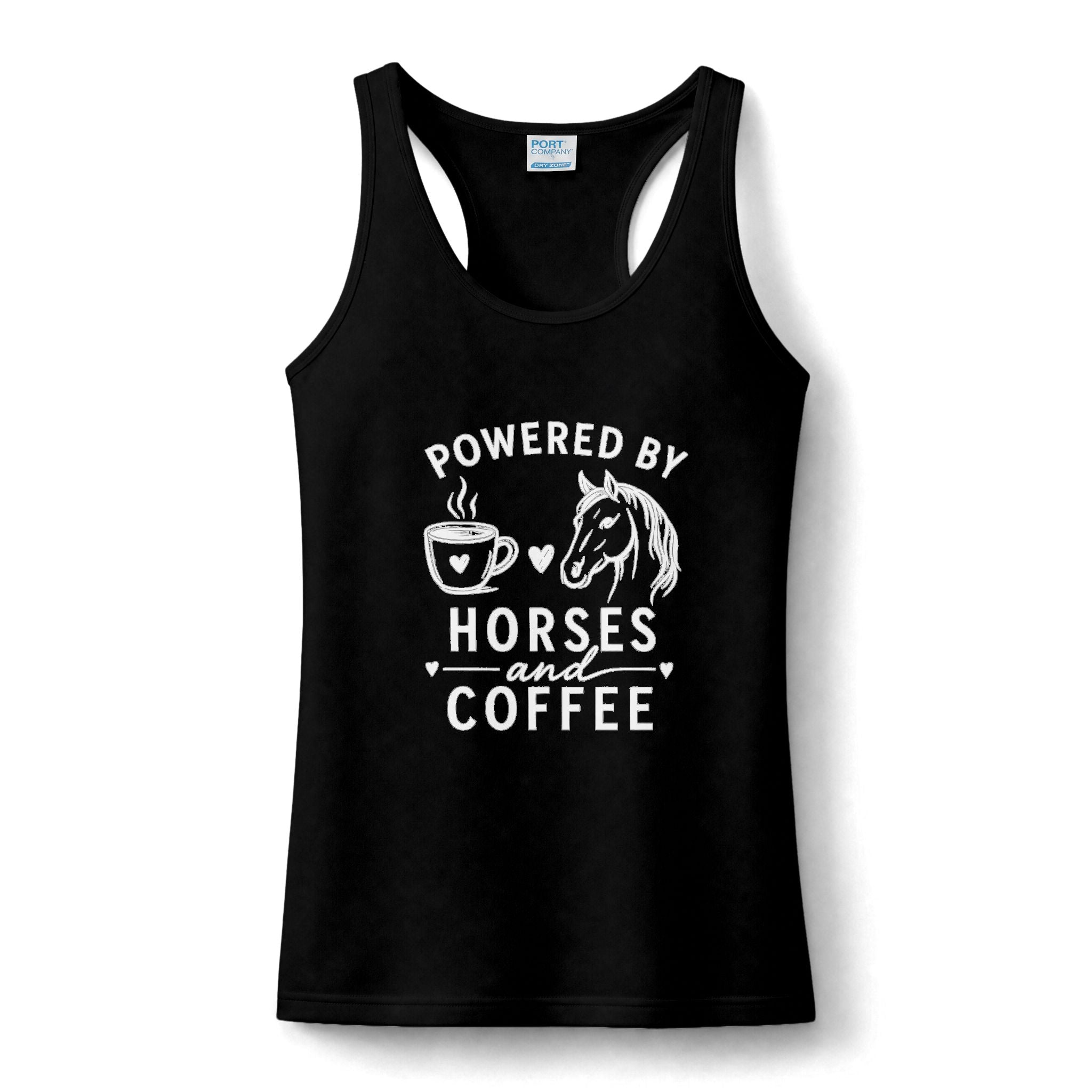 Horses & Coffee Tank Top — "Powered by Horses and Coffee" Women's Racerback